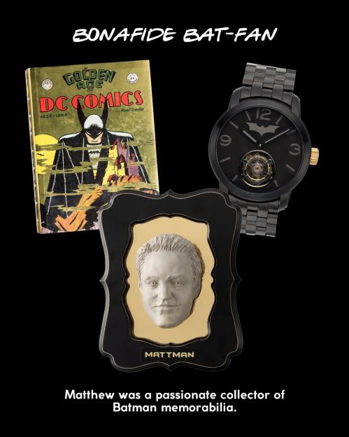 An illustration showing a comic book featuring Batman, a black watch with a Batman symbol, and a plaque with a relief of Matthew Perry's face.
