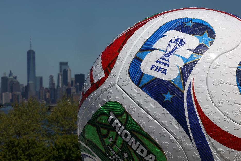 Blow-up Trionda 2026 FIFA World Cup soccer ball in New York City.