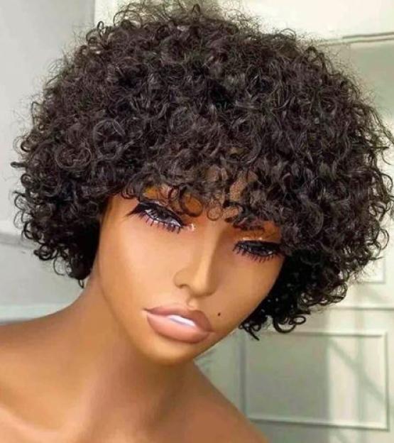 A dark-haired mannequin head wearing a short, curly pixie-cut wig.