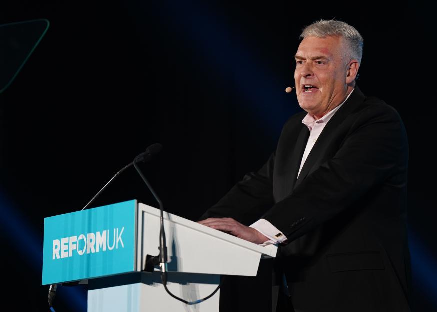 Reform UK MP Lee Anderson speaking at a rally at Newark Showground.