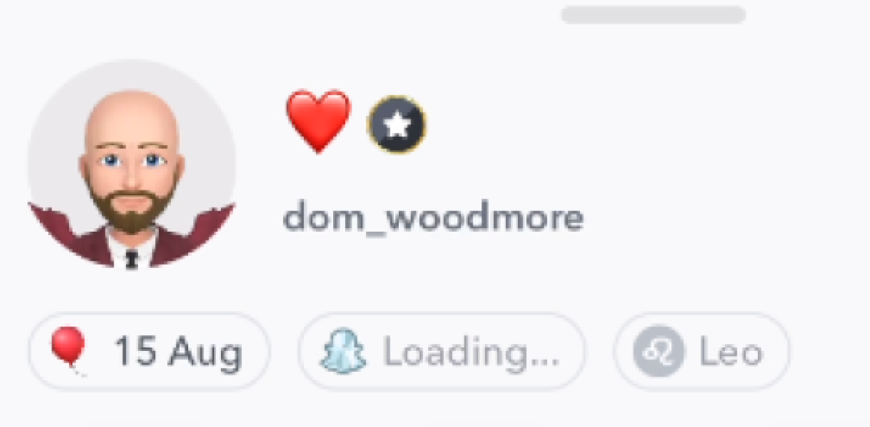 Illustration of the Dom_Woodmore Snapchat account profile with a red heart, a black star, August 15th birthday, and Leo zodiac sign.