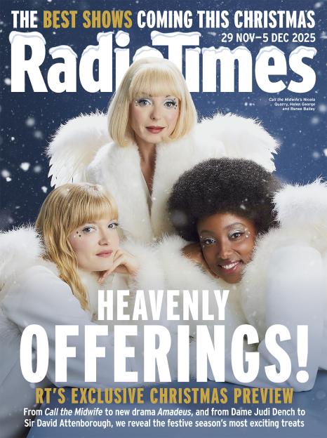 Radio Times cover featuring Nicola Quarry, Helen George, and Renee Bailey from Call The Midwife, dressed in white coats with feathery details, against a snowy blue background.