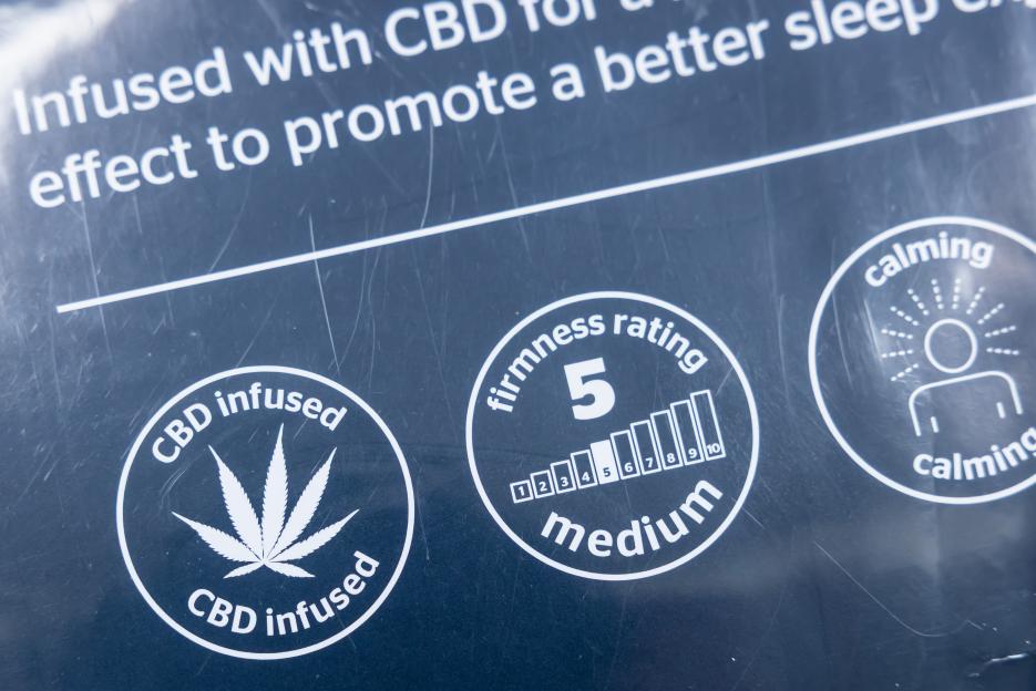 Close-up of text "Infused with CBD to promote a better sleep effect" and icons indicating CBD infusion, firmness rating of 5 (medium), and calming effect on Aldi's new CBD pillow.