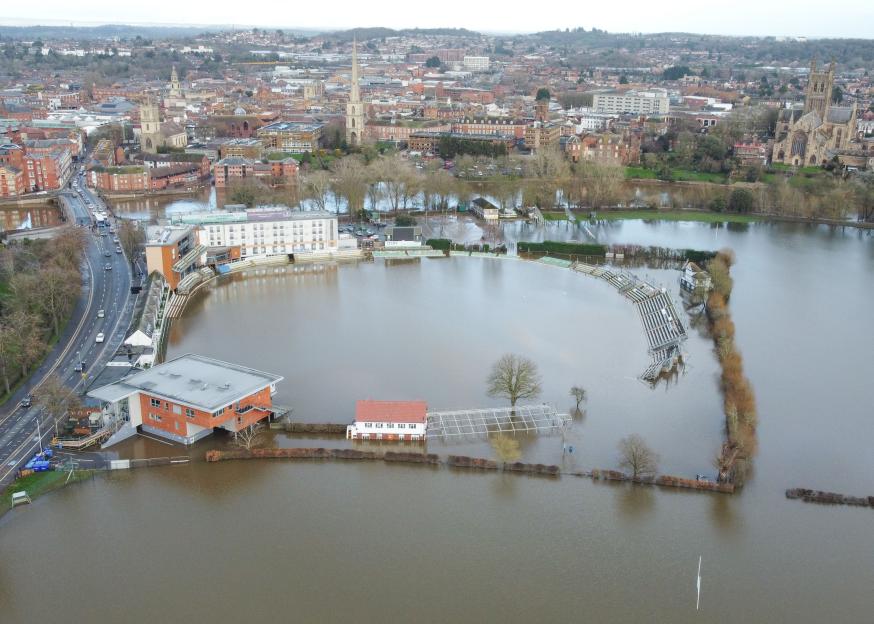 Aerial view of the flooded Worcestershire County Cricket Club grounds and surrounding area.