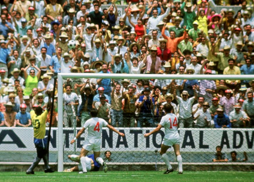 : England's Gordon Banks makes an incredible save from Brazil's Pele
