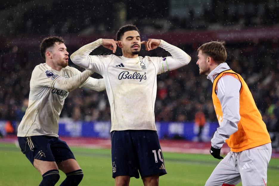 Morgan Gibbs-White of Nottingham Forest celebrating his goal with teammates.