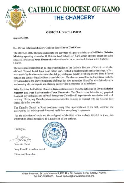 Kano Catholic Diocese Distances Itself from Former Seminarian and Issues Warning About 'Divine Solution Ministry'