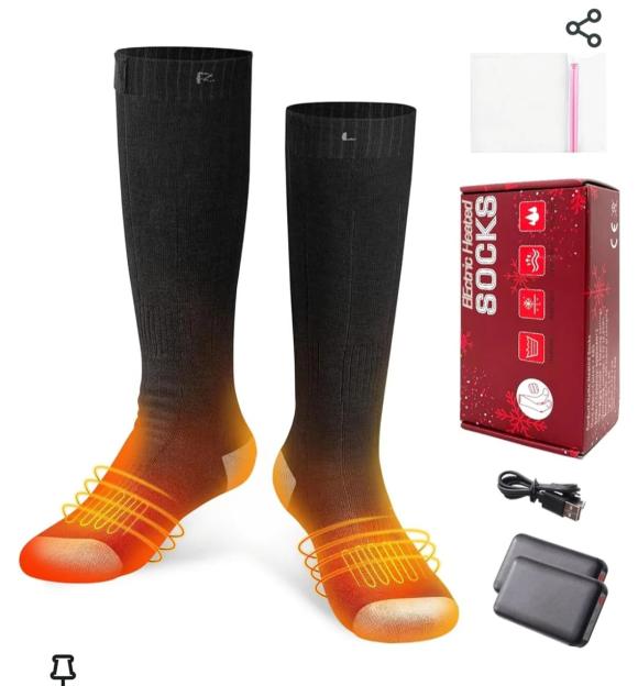 Electric heated socks with heat radiating from the toes, labeled "Electric Heated SOCKS", and two power banks with a charging cable.