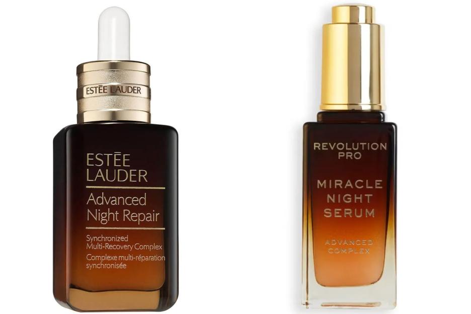 An image collage containing 2 images, Image 1 shows Estée Lauder Advanced Night Repair Synchronized Multi-Recovery Complex, Image 2 shows Revolution Pro Miracle Night Serum, Advanced Complex