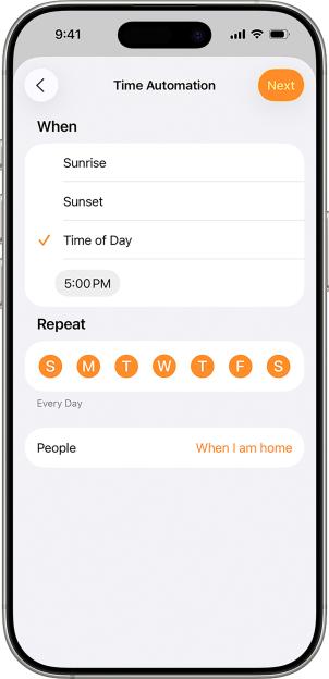 A screenshot of a mobile phone screen displaying the "Time Automation" setup, with "Time of Day" selected for 5:00 PM, and "Every Day" for repeat.