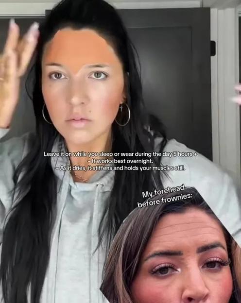 A woman with dark hair applying something to her face with her hands, with an inset of her forehead before applying the product.