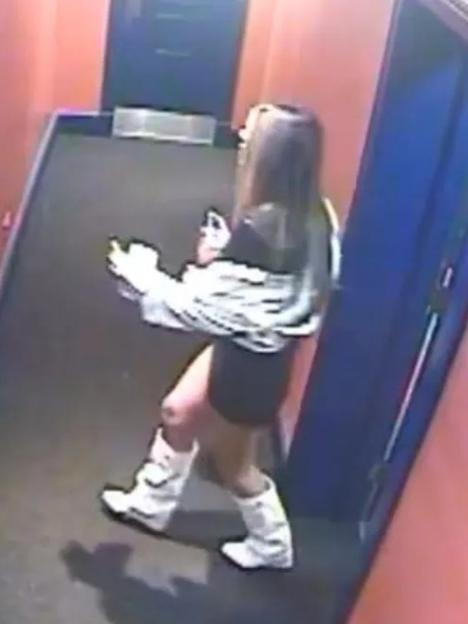 CCTV images of a woman with long dark hair, wearing a dark top, white jacket, dark skirt/shorts, and white boots.