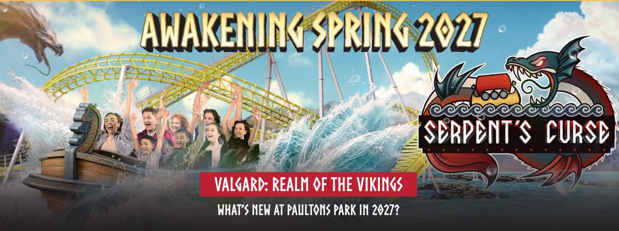 Illustration for "Awakening Spring 2027: Valgard: Realm of the Vikings" and "Serpent's Curse" at Paultons Park.