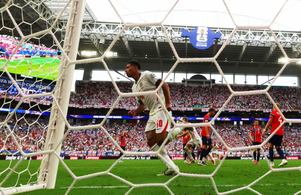 England player Jude Bellingham celebrates a goal against Norway during the FIFA World Cup 2026 Quarter Final match.