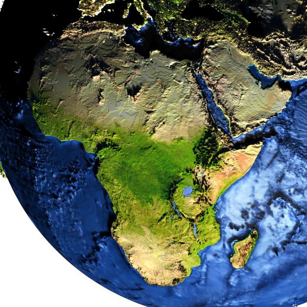 Illustration of a 3D model of Earth focusing on Africa with exaggerated surface features including the ocean floor.