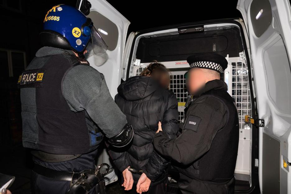 Two police officers putting a person in handcuffs into the back of a police van.