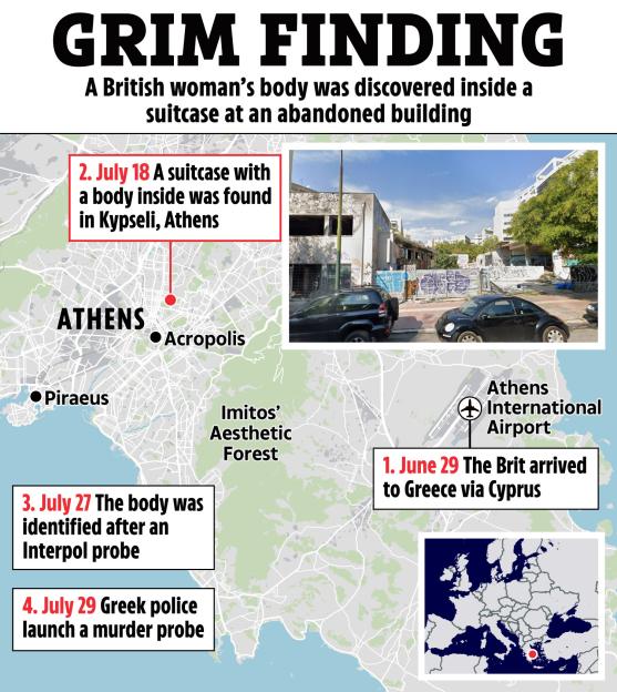 Illustration of a map of Athens, Greece, with an embedded photo of an abandoned building and a map of Europe, detailing a timeline of events surrounding the discovery of a British woman's body.