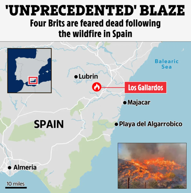 Illustration showing a map of Spain with the location of a wildfire near Los Gallardos, and an inset photo of the actual wildfire.