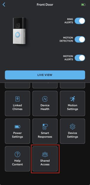 Screenshot of a smartphone app showing the settings for a Ring doorbell, with the "Shared Access" option highlighted.