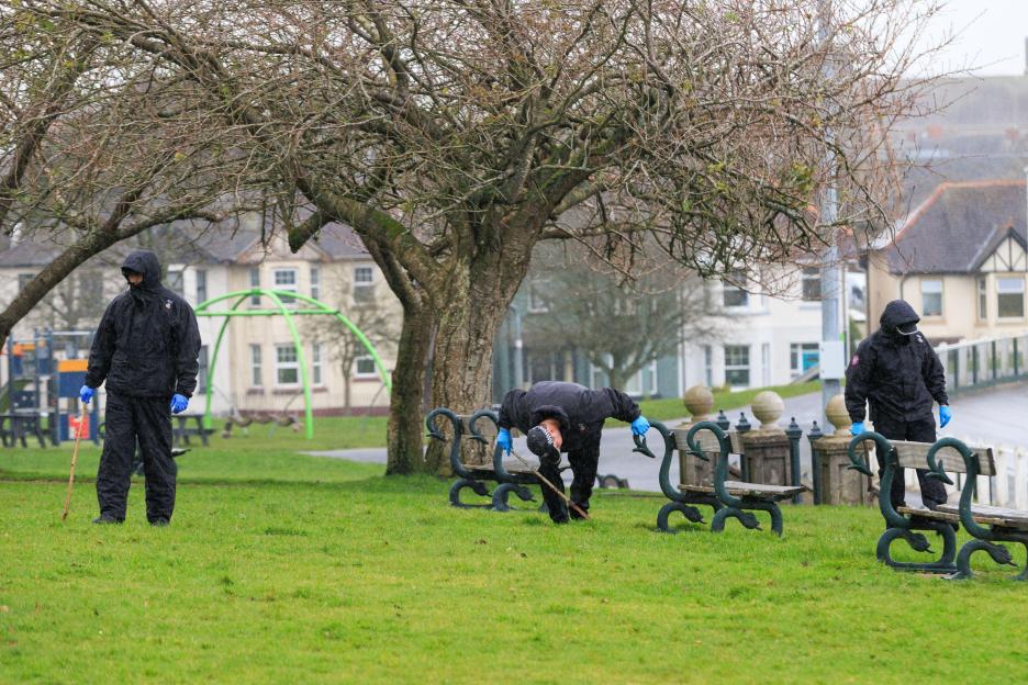 Carmarthen, UK. 30 January, 2026. Police conduct a search ofCarmarthen Park following an alleged stabbing of a woman. Credit: Gruffydd Thomas/Alamy