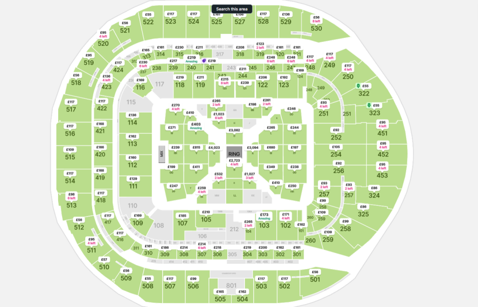 Illustration of a stadium seating chart with various sections and prices.