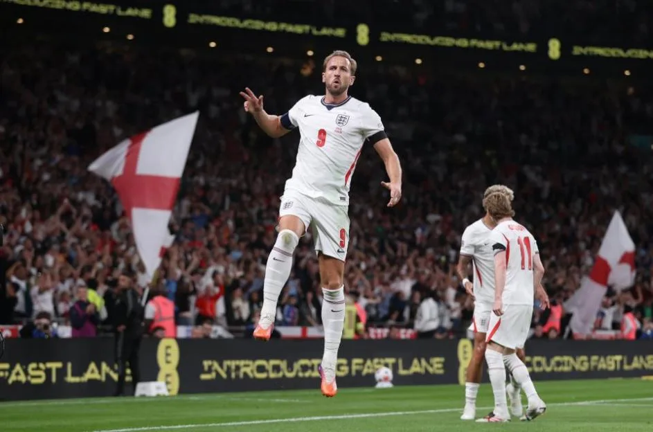 England's Harry Kane celebrating after scoring a goal against Spain in the UEFA Nations League.