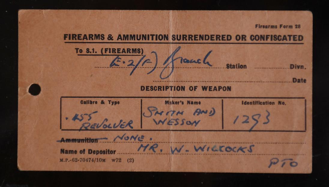 A receipt for a .455 Smith and Wesson revolver, surrendered by Mr. W. Wilcocks.