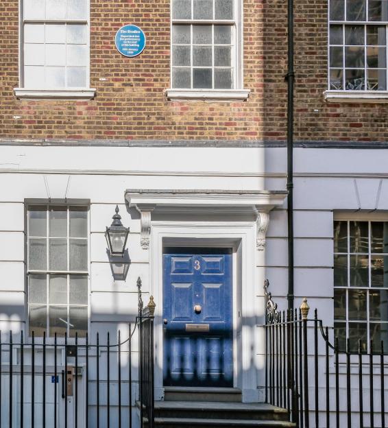 A blue plaque commemorating The Beatles' last live performance on January 30, 1969, on the roof of the building at 3 Savile Row, London.