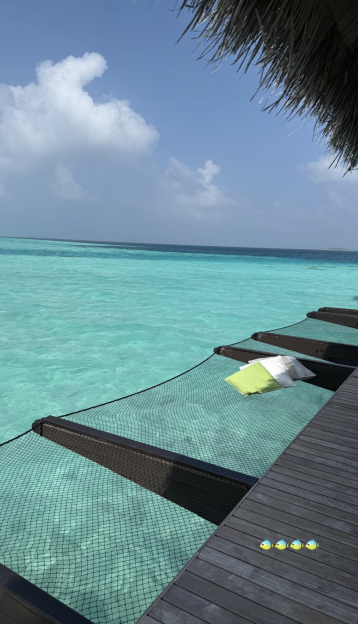 Outdoor lounge net over turquoise ocean water with pillows and small fish decorations on the adjacent wooden deck.