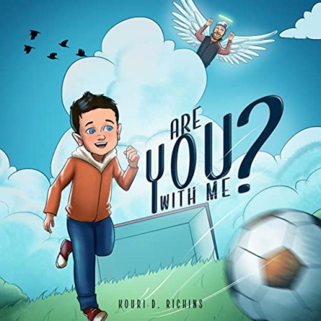 Illustration of a boy playing soccer with an angel in the sky.