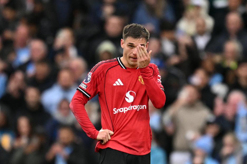 Manchester United's Manuel Ugarte reacts during a soccer match.