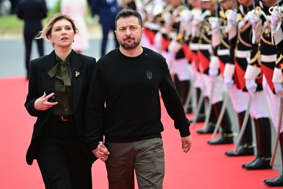 Ukraine's President Volodymyr Zelensky and his wife Olena Zelenska arrive at the D-Day 80th anniversary ceremony.