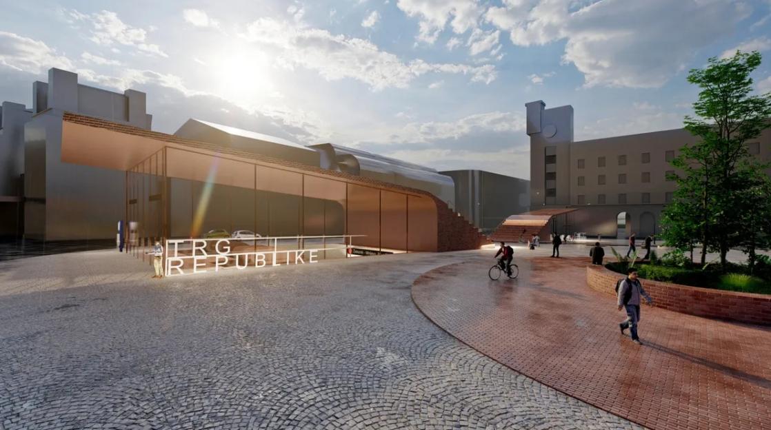 Illustration of the exterior of a Belgrade metro station.