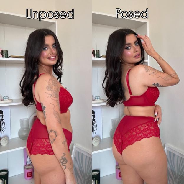 Collage of two images of a woman in red lingerie, showing her "Unposed" on the left and "Posed" on the right.