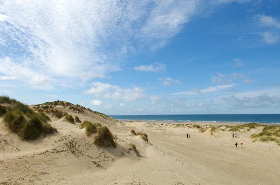 Sand dunes with green grass leading to a wide beach and the ocean under a partly cloudy sky.