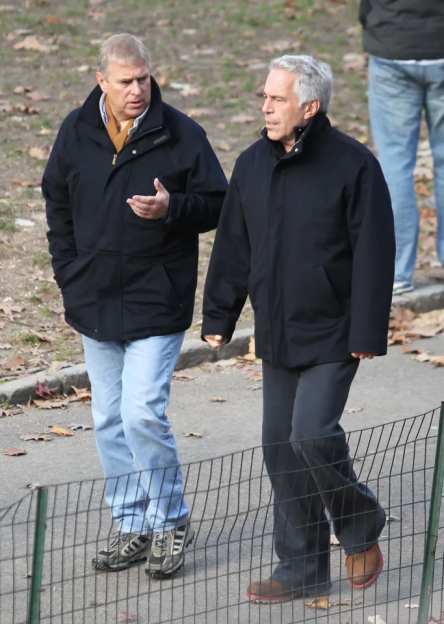Prince Andrew and Jeffrey Epstein walking together outdoors.