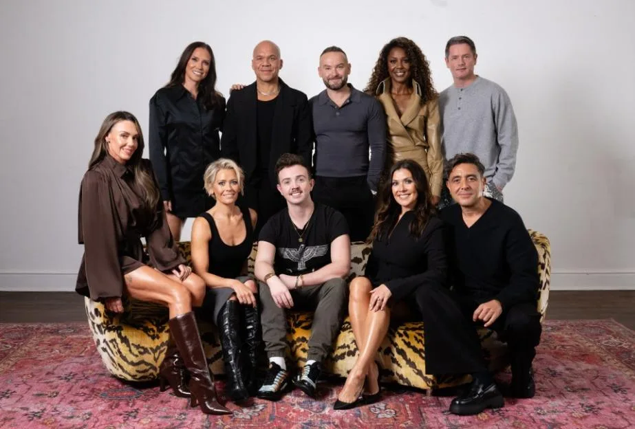 Photo of pop groups Hear'Say and Liberty X posing together with Jack Hardwick.