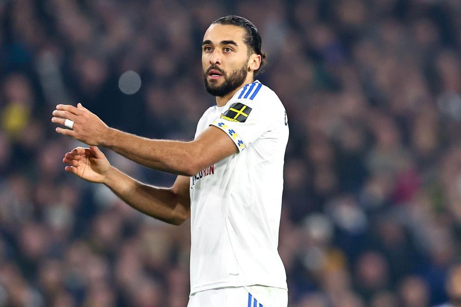 Dominic Calvert-Lewin of Leeds United gestures during a Premier League match.