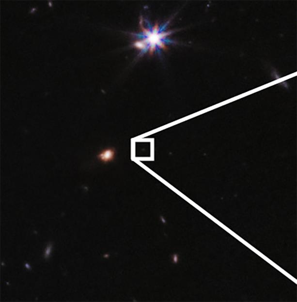 A square white outline points to a distant galaxy in a dark space field.