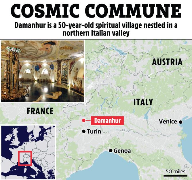 Collage of an ornate chamber in Damanhur and a map showing Damanhur's location in northern Italy.