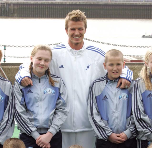 David Beckham Footballer With Children From Chingford Foundation School As He Launched The David Beckham Academy At A Press Conference At Trinity Buoy Wharf In Docklands.