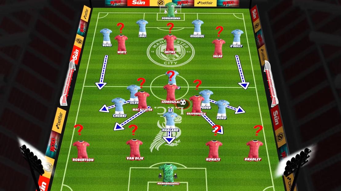 Illustration of a tactical football graphic with red and light blue jerseys representing players and question marks over some positions.