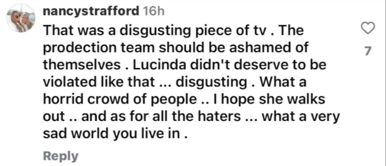 A social media post with two comments, the first from nancystrafford expressing outrage about a TV show involving "Lucinda", and the second from indigostafford, saying "it's your daughter!"