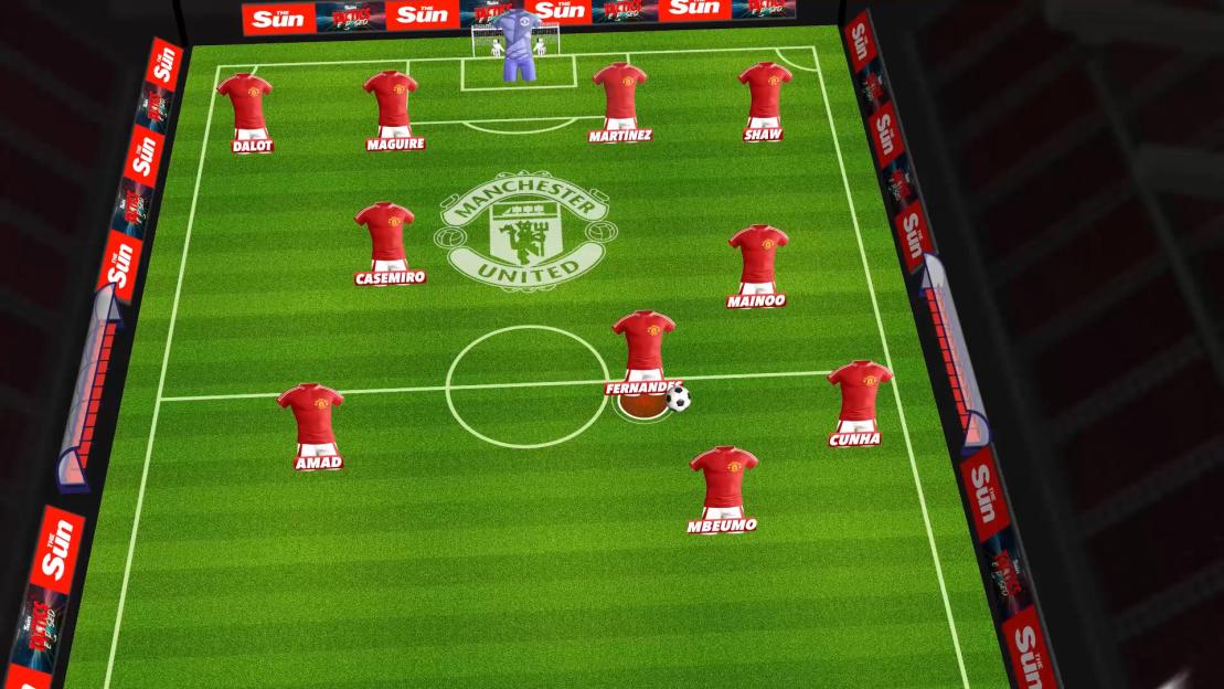 Illustration of Manchester United's football team formation on a green pitch.