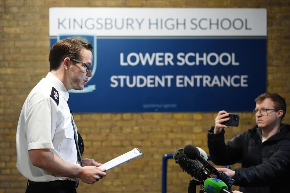 Detective Chief Superintendent Luke Williams speaking to the media at Kingsbury High School, where two boys were stabbed.