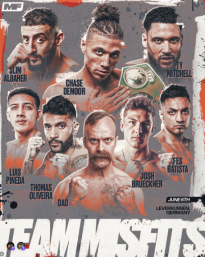 Collage of eight boxers, including Slim Albaher, Chase Demoor, Ty Mitchell, Luis Pineda, Thomas Oliveira, Dad, Josh Brueckner, and Fes Batista.