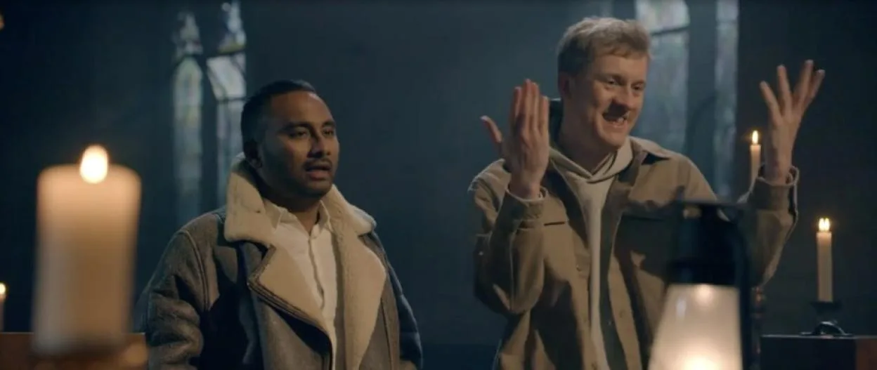 Amol Rajan and James Acaster in Celebrity Traitors on BBC1.