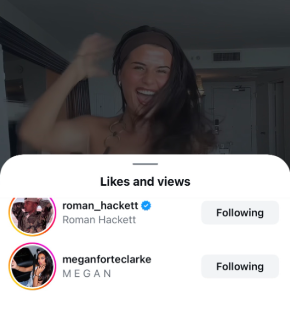 A collage of a woman in a bikini top with a list of Instagram likes below, including Roman Hackett and Megan Forte Clarke.