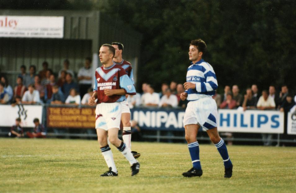 West Ham fan Steve Davies playing against Oxford in his club's kit.