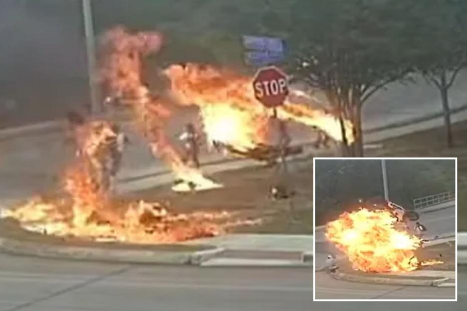 Motorbike Skids Off Road and Bursts into Fireball, Just Missing School Kids